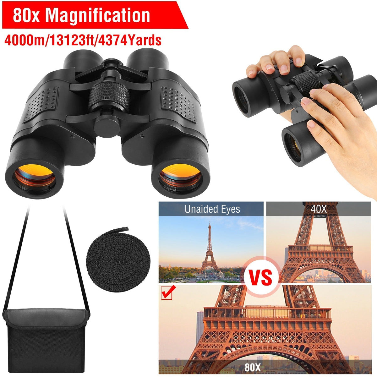 Portable HD Binoculars with FMC Lens Low Light Night Vision Telescope for Bird Watching Hunting Sports Events Concerts Adventure w/ Shoulder Strap Bag