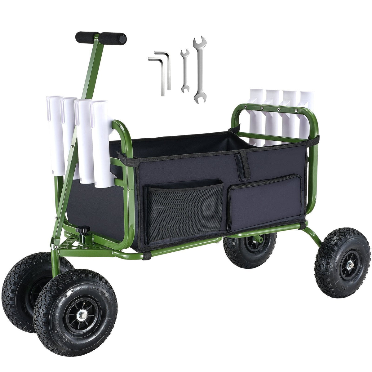 Beach Fishing Cart, 300 lbs Load Capacity, Foldable Fish and Marine Cart with Four 11" Big Wheels Rubber Balloon Tires, Heavy-Duty Steel Pier Wagon Trolley with 8 Rod Holders for Picnic