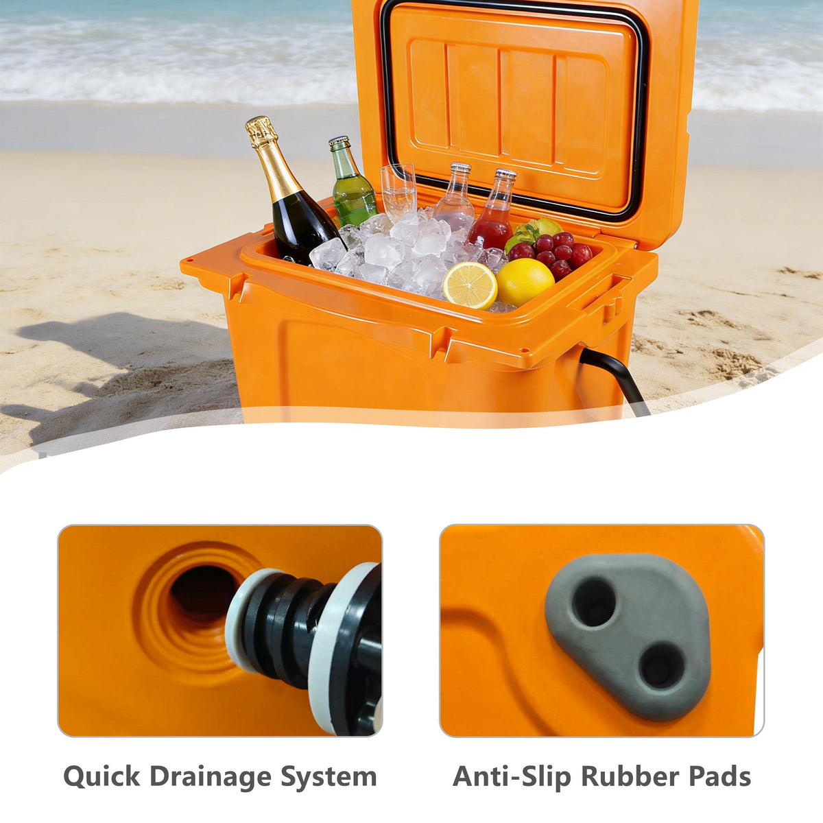 25QT Portable Cooler with Extended Ice Retention and Bottle Opener - Orange, Grey, or Blue