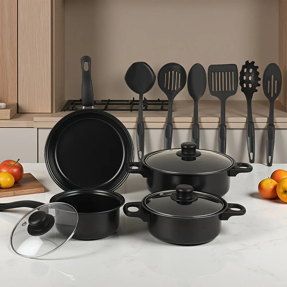 13PCS Nonstick Cookware Set Cast Iron Pots and Pans with Glass Lids Kitchen Cooking Set for Camping Travel