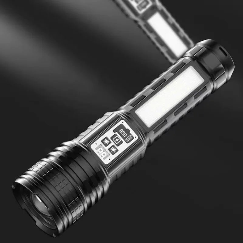 Bright Flashlight-Long Range Torch, Outdoor Portable LED Flashlight with Side Light LCD Display for Camping, Hiking, Adventures