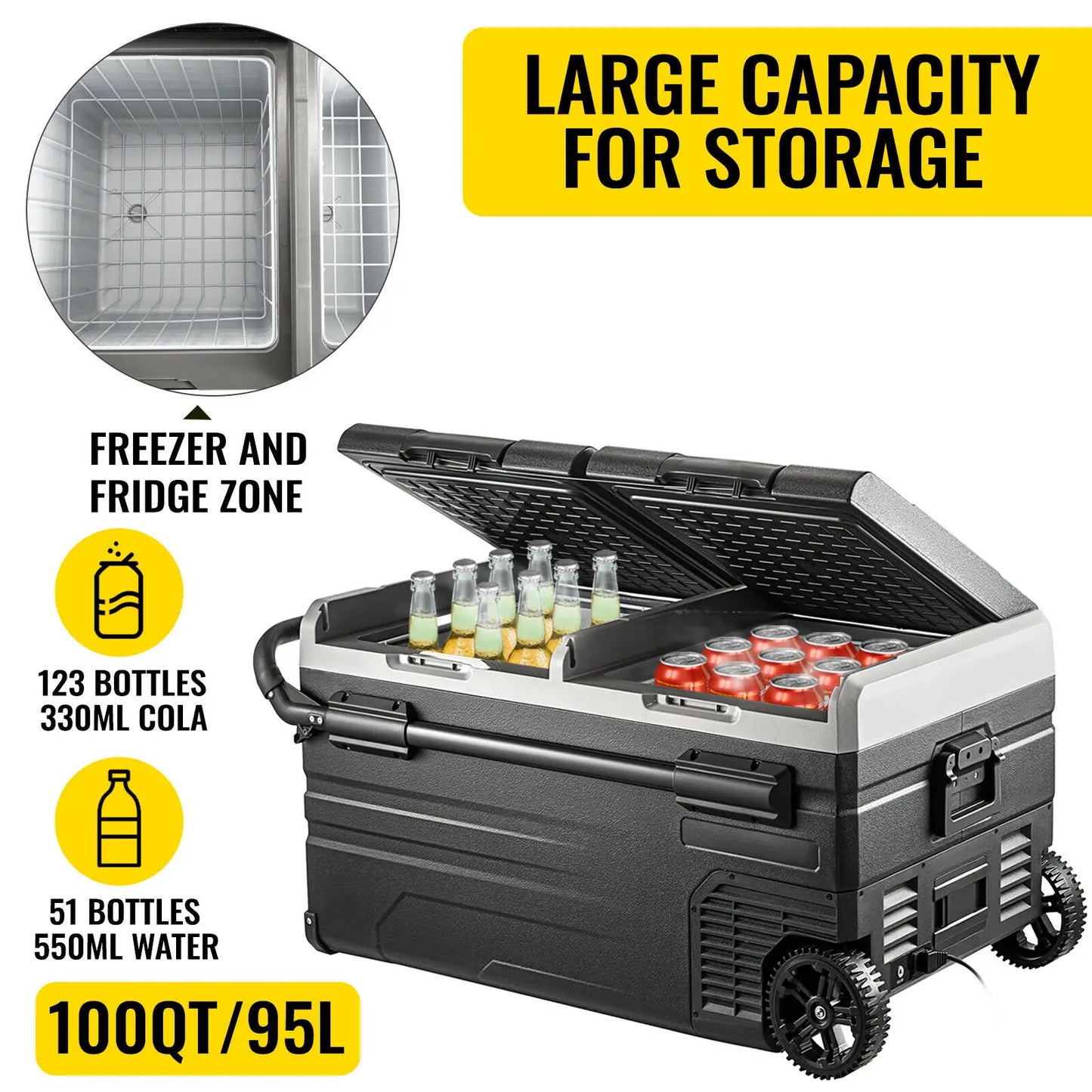 75L 95L Small Car Fridge 12V/24V Portable Mini Dual Storage Zone Refrigerator Compressor Truck Freezer Cooler for Home Use