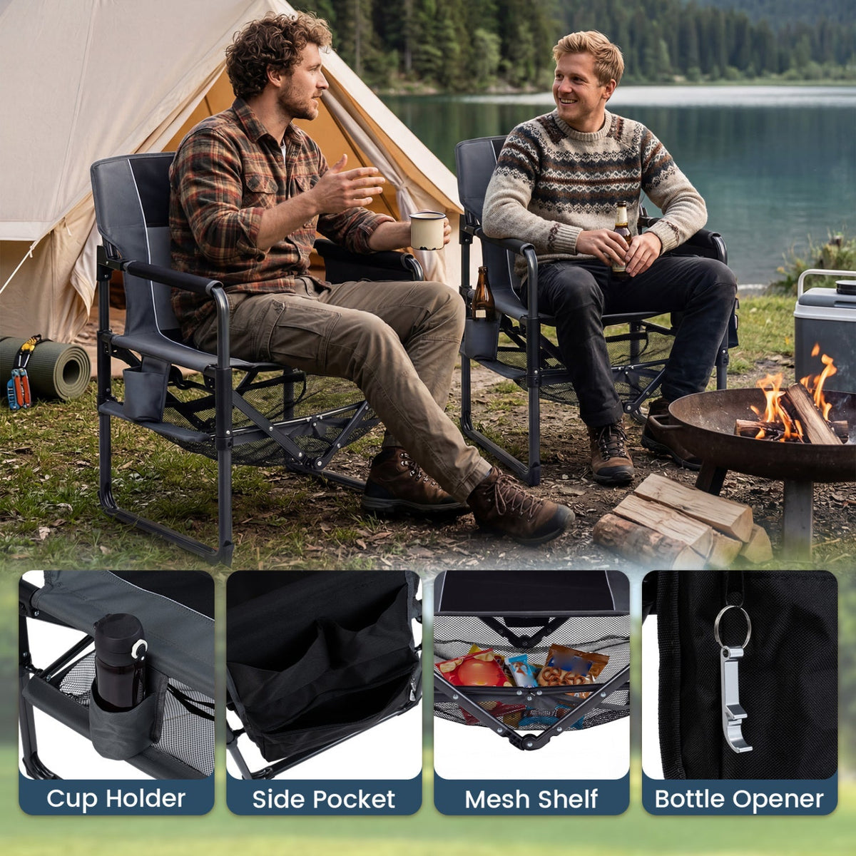 Camping Chair Heavy Duty with Cup Holder and Bottle Opener