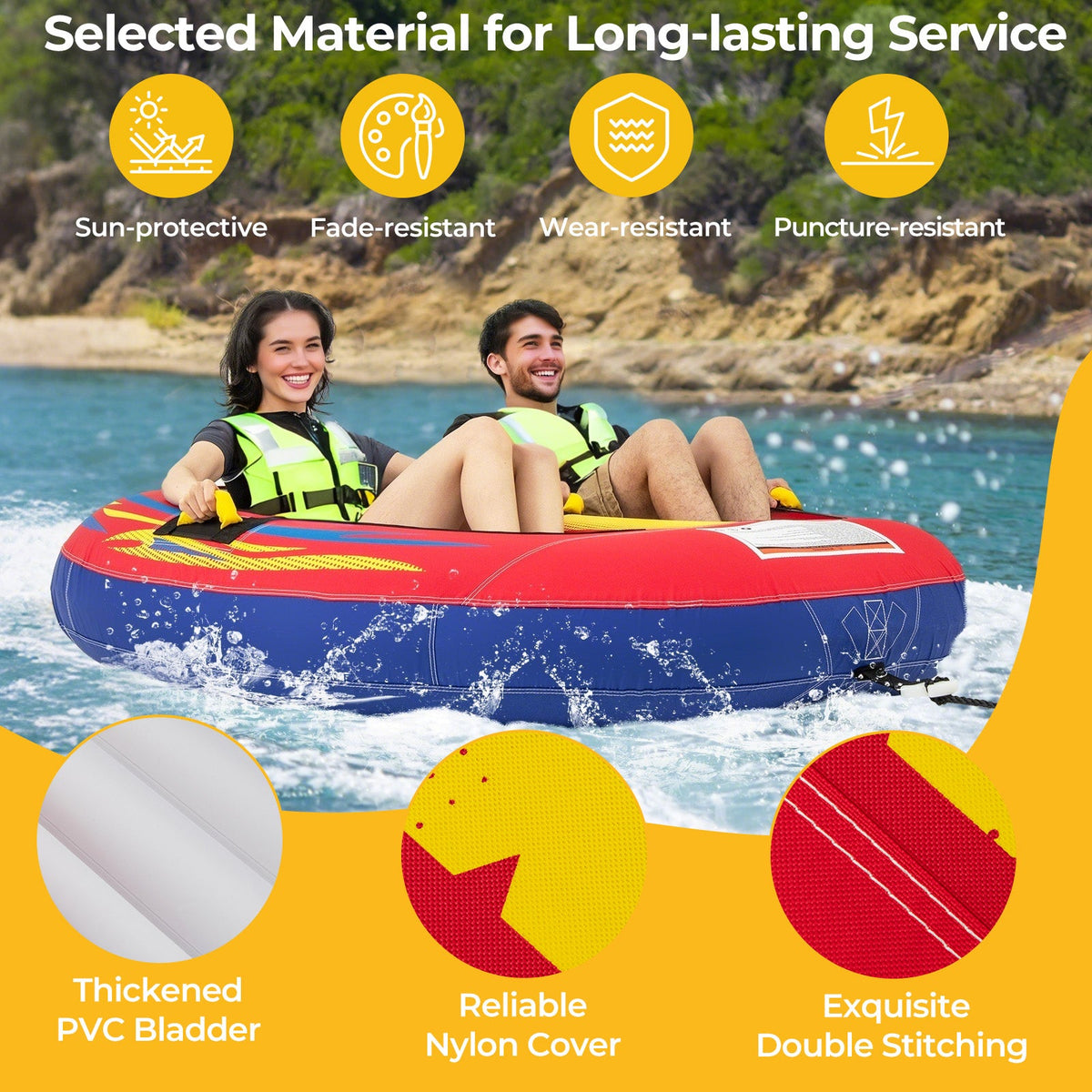 1 or 2 Person Inflatable Towable Tube for Boating with Drainage