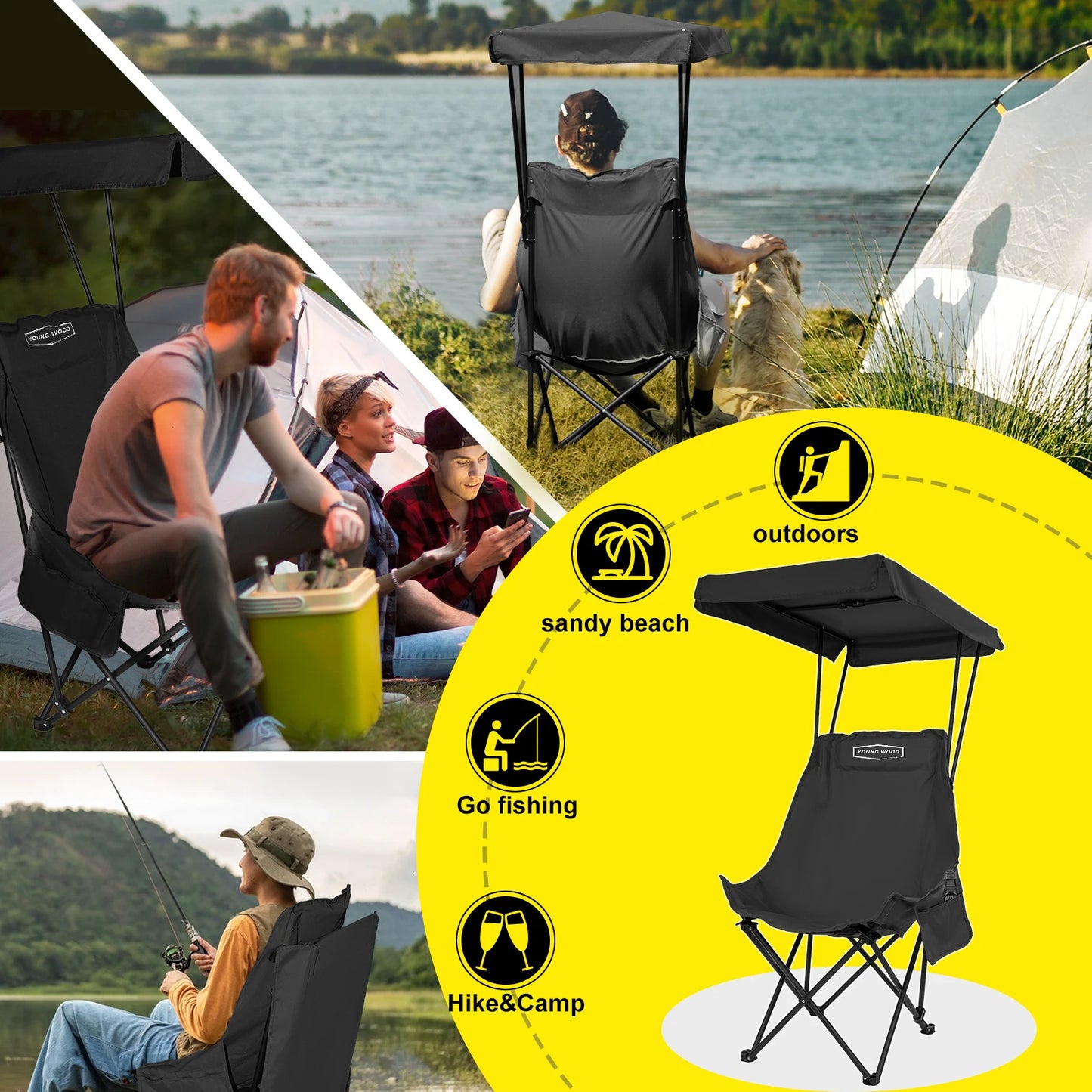 Camping Chair Beach Chair With Shade Canopy YOUNG WOOD Portable , Fold Lightweight Oversized For All, Easy To Open And Close