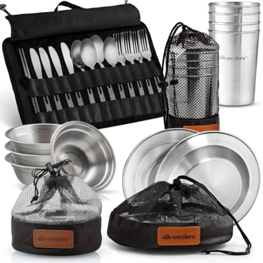 Unique Complete Messware Kit Polished Stainless Steel Dishes Set Tableware Dinnerware Camping Buffet Includes - Cups Plates Bow