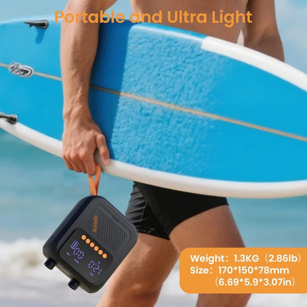 Portable Rechargeable SUP Pump, 20PSI, Auto-Off, Dual Stage, Fast Inflation & Deflation for Paddle Boards, Kayaks, Tents