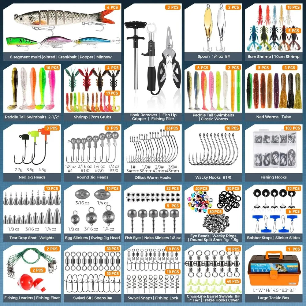 Large 4-Layer Tackle Box with Tackle Included, 547Pcs Fishing Lures Kit - Pliers, Crankbait, Hooks, Weights & Accessories