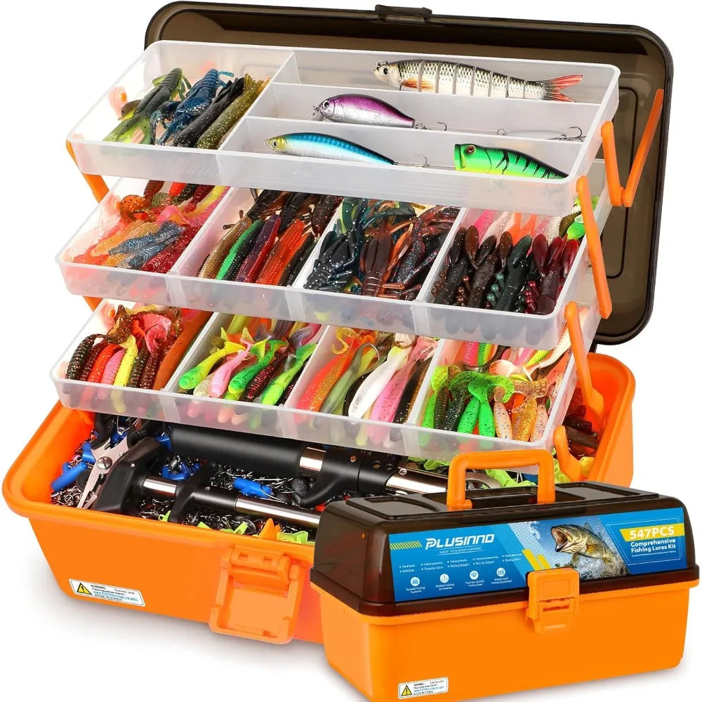 Large 4-Layer Tackle Box with Tackle Included, 547Pcs Fishing Lures Kit - Pliers, Crankbait, Hooks, Weights & Accessories