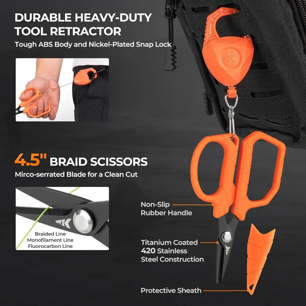 kastking steelstream 8pc fishing tool kit - fishing pliers with lanyard, fillet knife, floating fish lip gripper, fishing braid