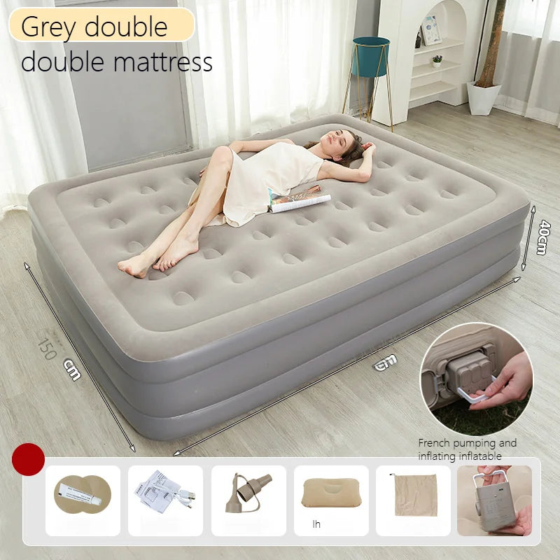 Home Floor-laying Folding Automatic Inflatable Mattress Air Bed Portable Outdoor Camping Flocking Moisture-proof Built-in Pump