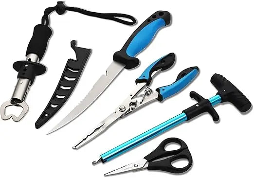 5pc fishing tool kits - fishing pliers, fillet knife with sheath, stainless steel fish lip gripper, fishing hook remover and big
