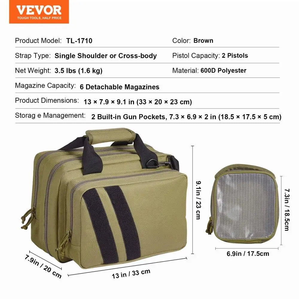 Tactical Bag for 2 Pistol Range Case with Pouches Brown Outdoor for shooting Lockable Zipper