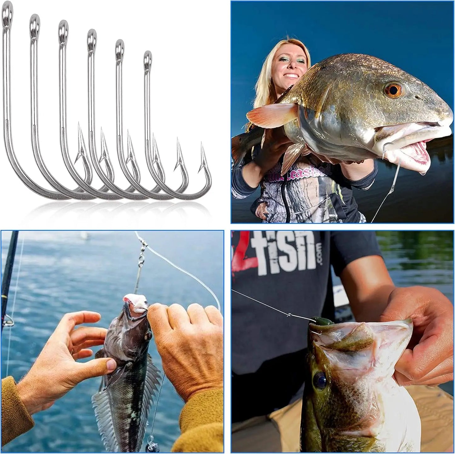 Saltwater Fishing J Hooks Kit,110pcs Forged Hooks Long Shank Stainless Steel J Fishing Hooks Set Trolling Sea Bass Fishhooks for Saltwater Freshwater