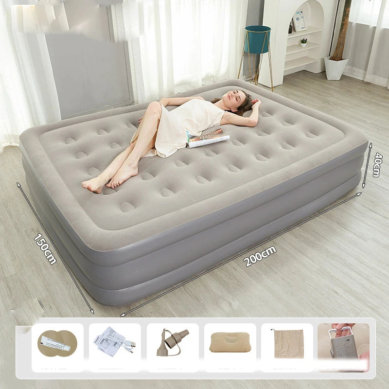 Home Floor-laying Folding Automatic Inflatable Mattress Air Bed Portable Outdoor Camping Flocking Moisture-proof Built-in Pump