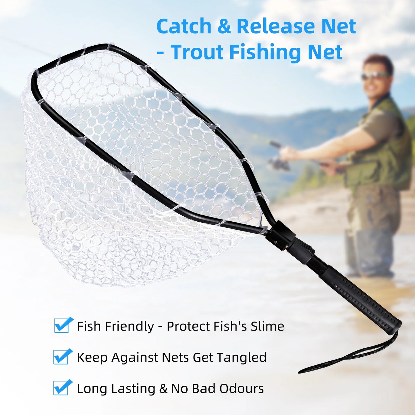 Foldable Fish Net for Trout Fly Fishing Landing Net Trout Fishing Nets with Handle Soft Rubber Mesh Net for Stream Shore Fishing