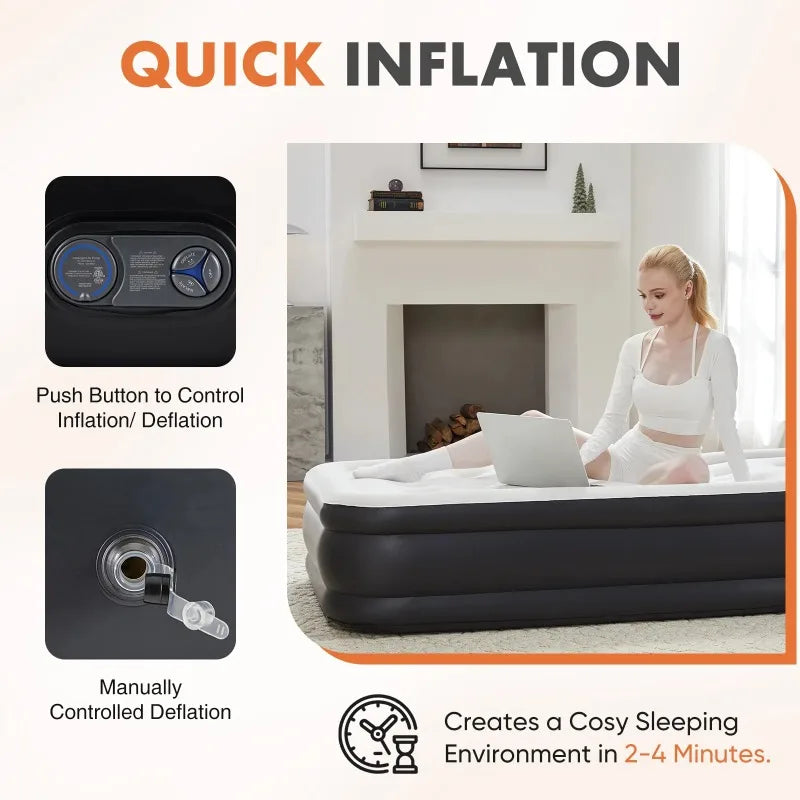 18" Queen Size Air Mattress Bed with Built- in Pump Blow Up Mattresses for Camping, Indoor Colchon, Guests Air Bed