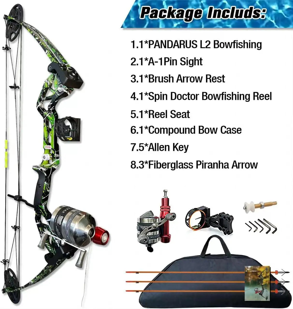 Bowfishing Bow Kit with Arrow Ready to Shoot Right Handed 15-45 LBS Draw Length 18\\"-29.5\\" Adjustable,Axle-to-Axle: 34.2\\",C