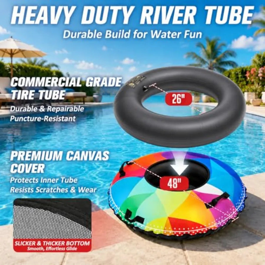 River Tube 48'' Heavy Duty Rubber Float Tube for Lake Pool Floating Black Rubber with Premium Canvas Cover Removable Cup Holder