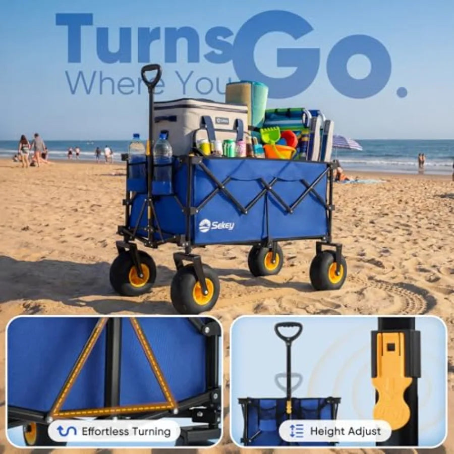 Heavy Duty Beach Wagon with 9 Sand-Proof All-Terrain Wheels 600lb Capacity 200L Oversized Foldable Cart for Sand Camping Grocer