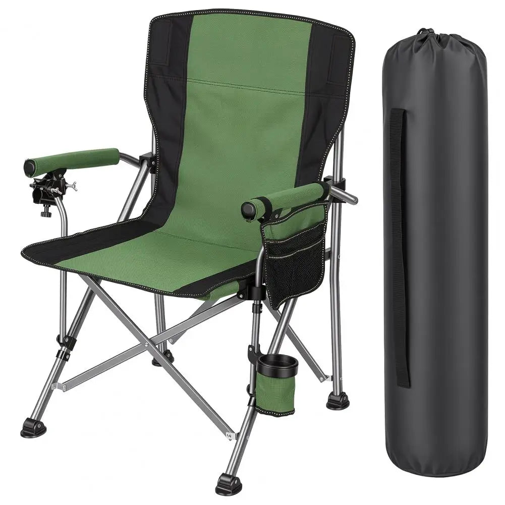 Portable Folding Fishing Chair with Rod Holder Side Pocket, Cup Holder, 150Kg Heavy Duty Outdoor Chair, Armchair for Camping