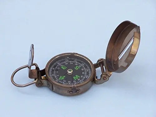 Vintage Brass Handheld Navigation Compass With Lid And Ring, 4 Inch Diameter