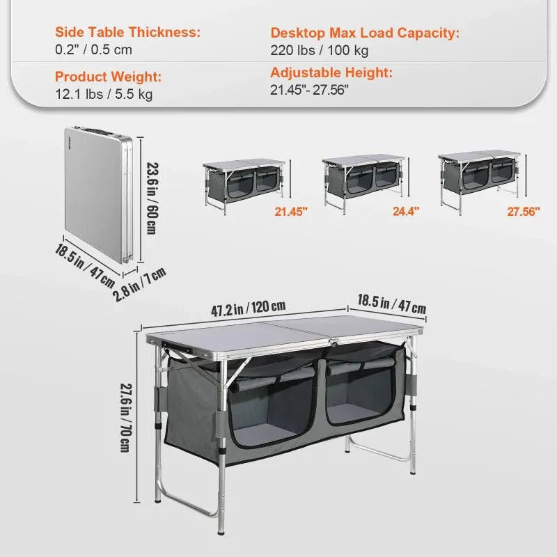 Camping Kitchen Table Folding Portable Cook Station 3 Adjustable Heights