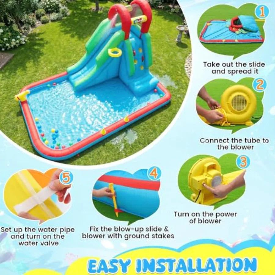 Inflatable Water Slide for:PVC, Blue, 8-in-1 Compact Backyard Outdoor Water Park with Long Slide, Ring Toss, Basketball Hoop, W