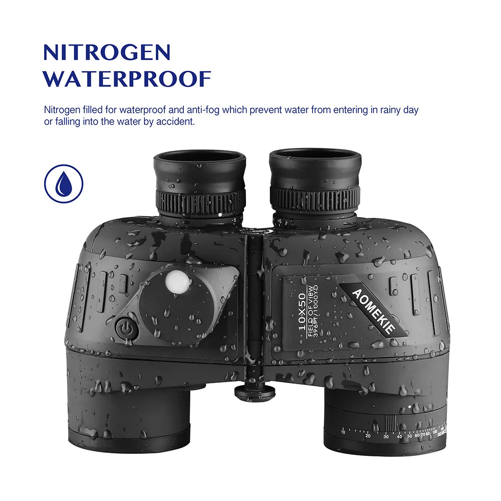 10x50 Binoculars for Adults Marine Military Binoculars Waterproof W/ Rangefinder Compass BAK4 Prism FMC Lens for Hunting Boating