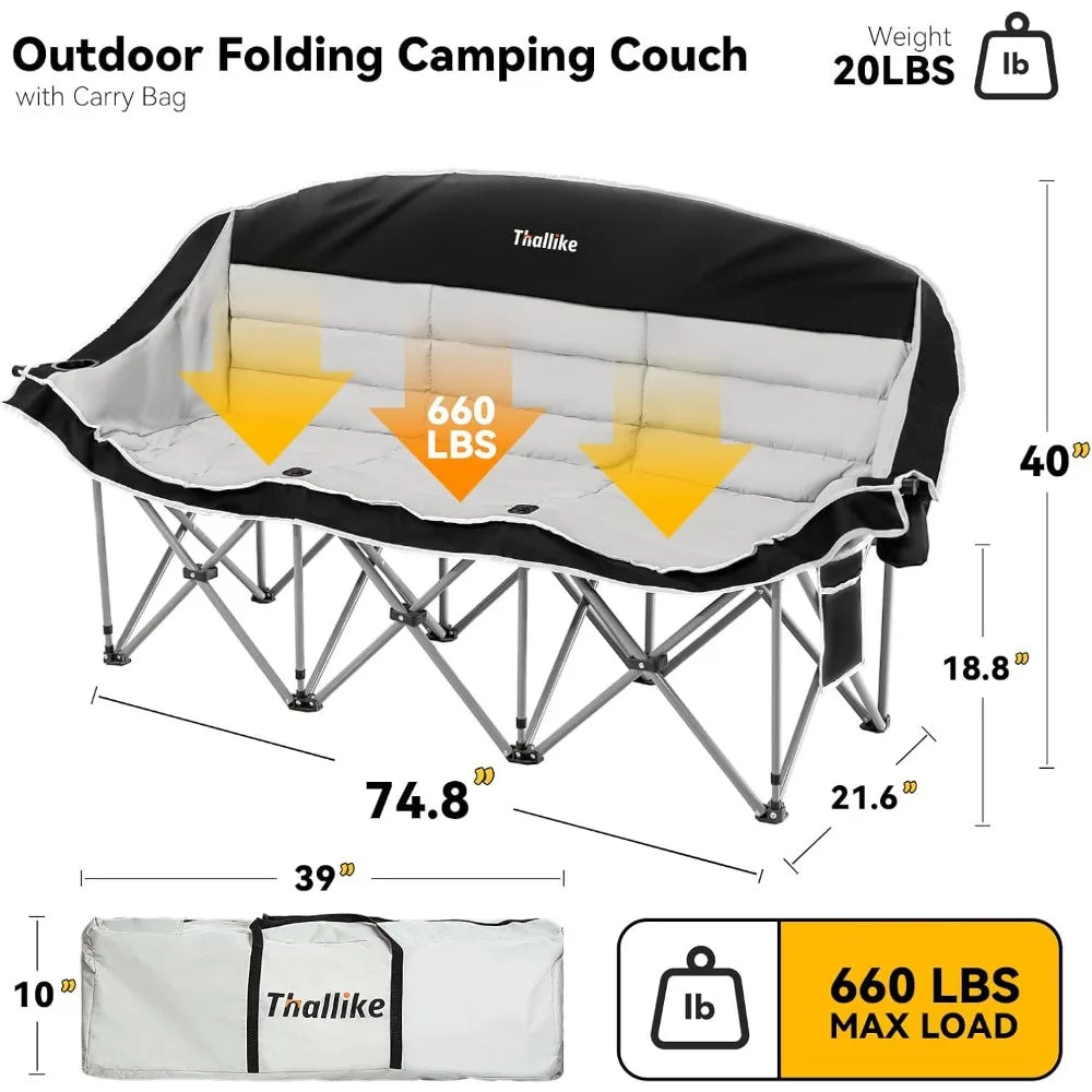 Double Camping Chair – 2-3 Person Outdoor Folding Sofa with Cup & Wine Glass Holders – Oversized Loveseat Camping Couch for Camp