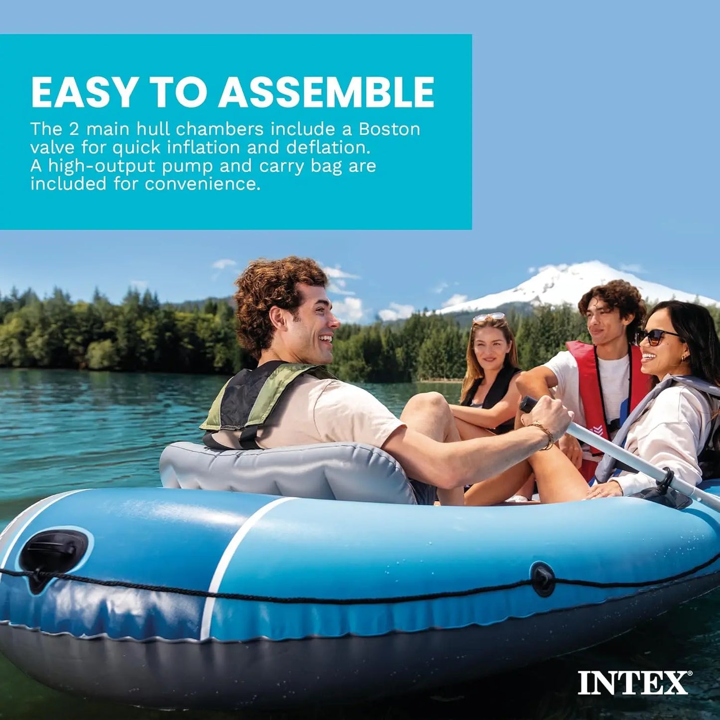 4 Person Inflatable Boat Set with Deluxe 54in Aluminum Oars and High-Output Pump, Adjustable Seats with Backrest, Fishing Rod Holders, 1100lb Capacity