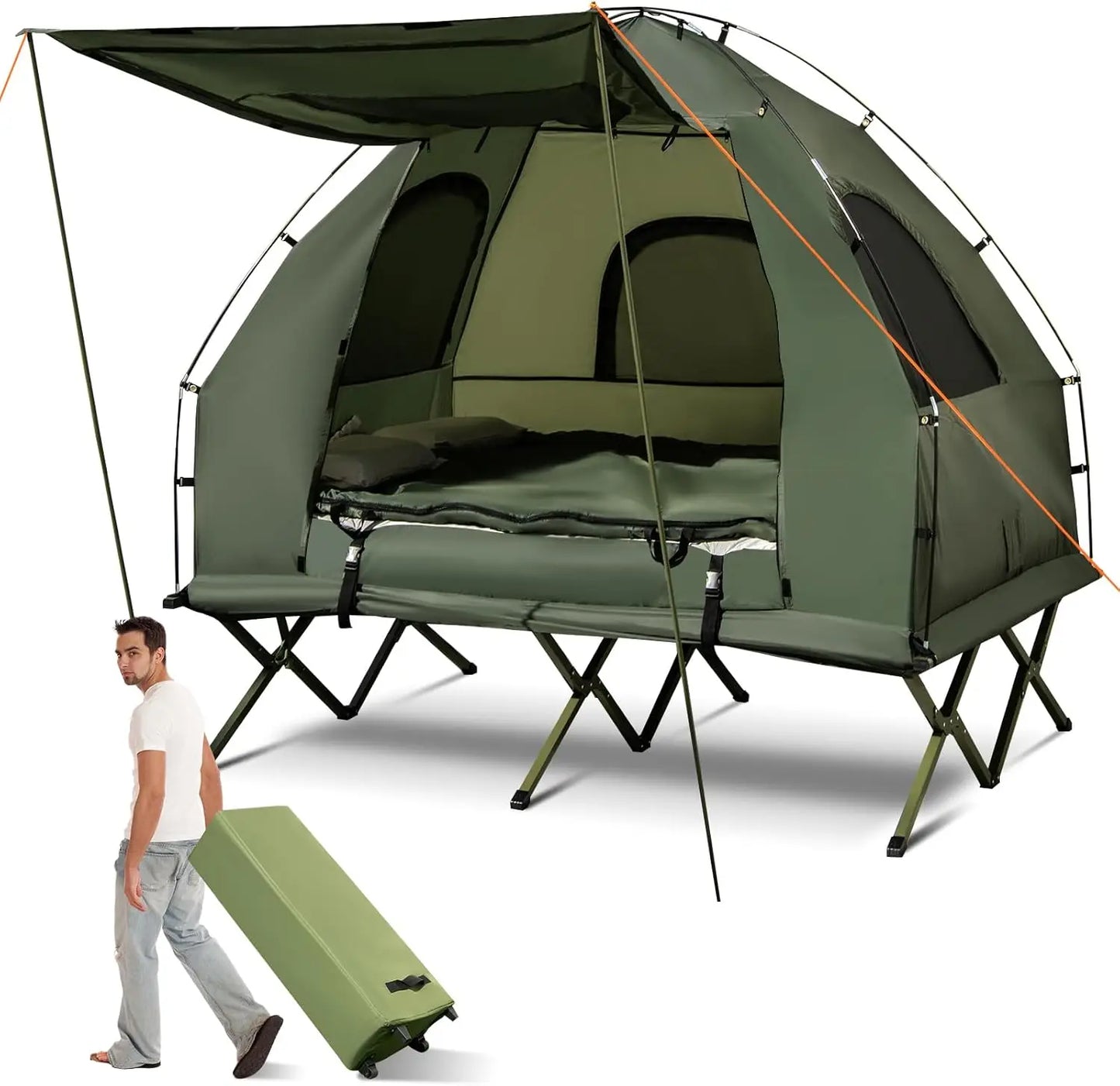 Tent Cot, 5-in-1 Folding Camping Cot with Mattress & Pillows, Sleeping Bags, Sunshade, Camping Tent Elevated with Carrying Bag f
