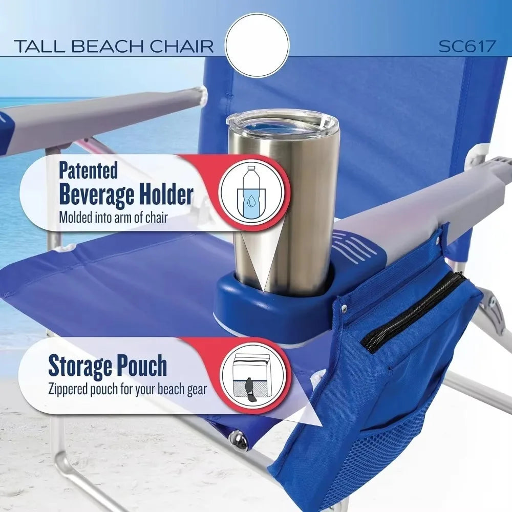 17" Extended Height 4-Position Folding Beach, Camping, Lawn Chair, Stripe, With handrail Equipped with cup holder Beach Chairs