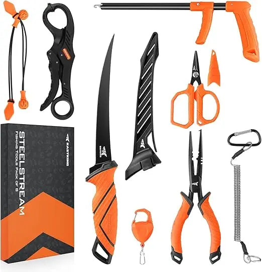 kastking steelstream 8pc fishing tool kit - fishing pliers with lanyard, fillet knife, floating fish lip gripper, fishing braid