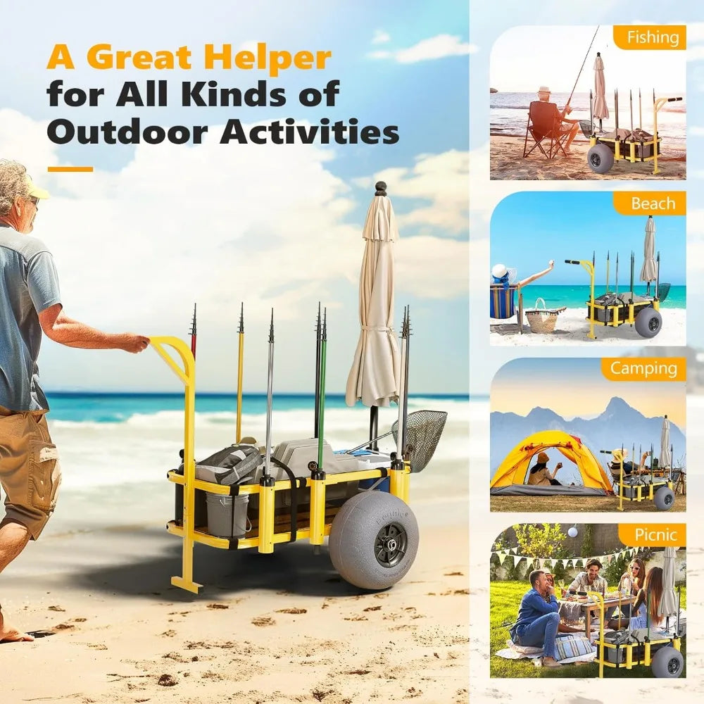 Foldable Beach Fishing Cart with Big Balloon Wheels Sand Wagon 300 lbs Load 8 Rod Holders Mesh Bag Pump