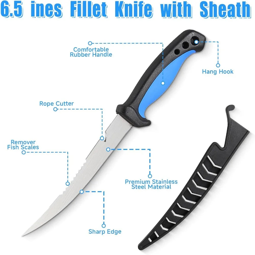 5pc fishing tool kits - fishing pliers, fillet knife with sheath, stainless steel fish lip gripper, fishing hook remover and big