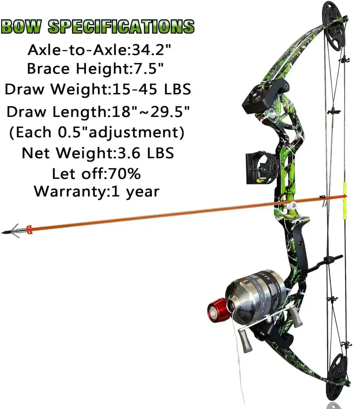Bowfishing Bow Kit with Arrow Ready to Shoot Right Handed 15-45 LBS Draw Length 18\\"-29.5\\" Adjustable,Axle-to-Axle: 34.2\\",C
