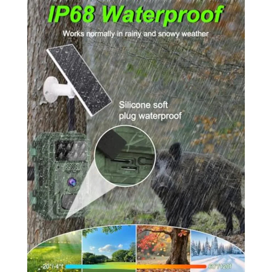 Wildlife monitoring trail camera for hunting: 4G cellular, 4K 48MP wide-angle 120 lens, black, solar-powered with IP68 waterpro