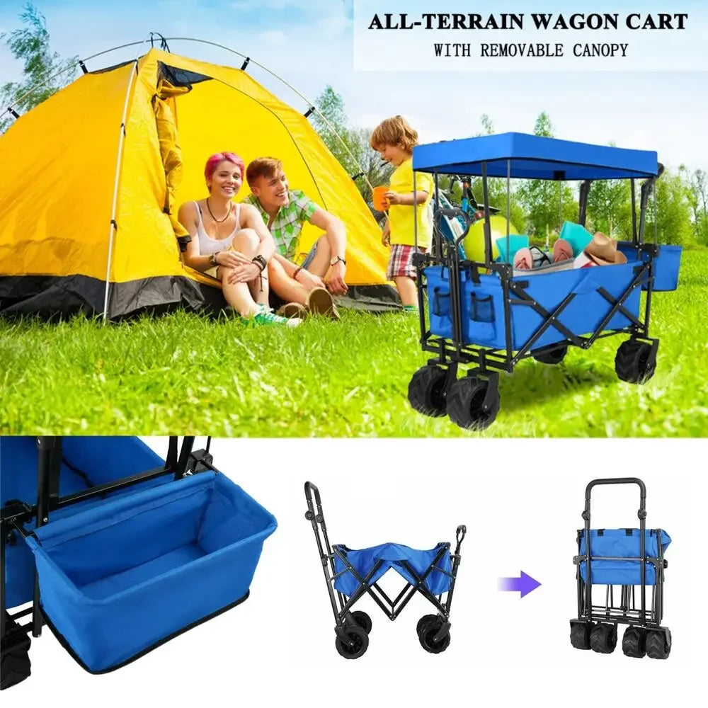 262L Collapsible Garden Cart Wagon with Removable Canopy, 115kg Capacity Push& Pull Utility Cart 600D Oxfort, Off-road wheel