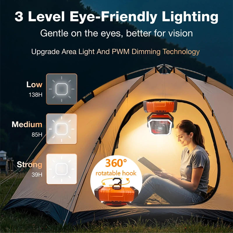 10000mAh Camping Fans Rechargeable Ceiling Fan Portable Battery Operated Fan with LED Light and Hook for Outdoor Tent Car Trip