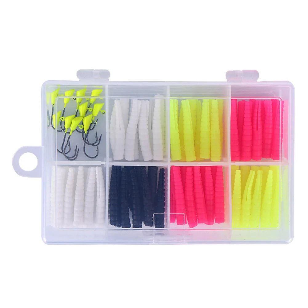 Silicone Artificial Bait Kit with Split Tail Grub Worms Jig Head Hooks for Seasonal Trout Crappie Panfish Fishing Accessories