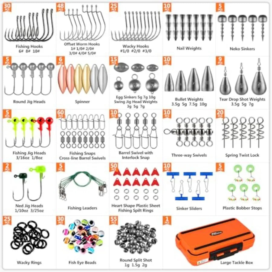 Fishing Gear Accessories Kit, 449PCS Fishing Tackle Box with Tackle Included, Fishing Hooks, Fishing Weights Sinkers, Jig Heads