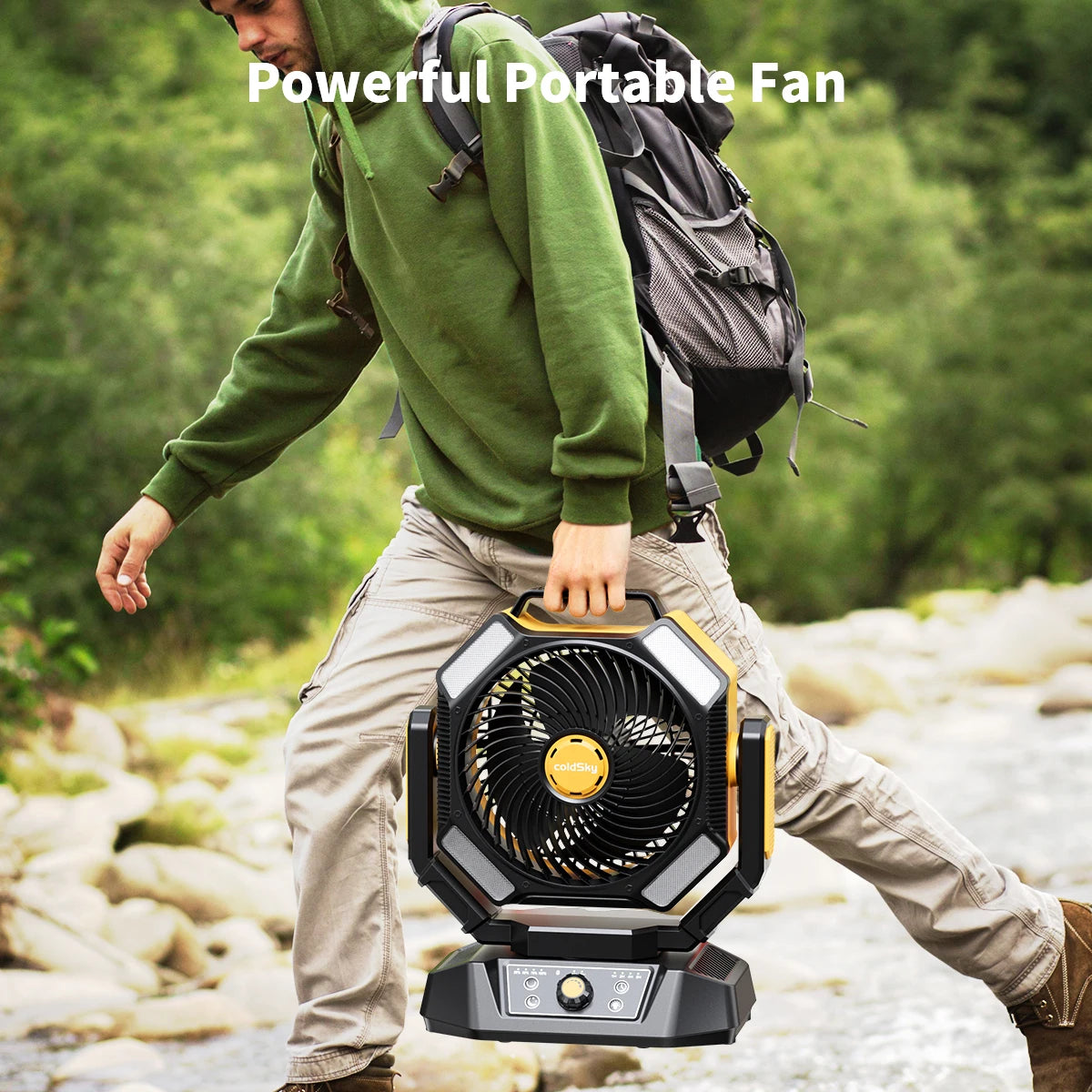40000mAh Battery Operated Fan Portable Camping Fan with 4 LED Lantern 8 Speeds Desk Fan Remote Portable Rechargeable Outdoor Fan