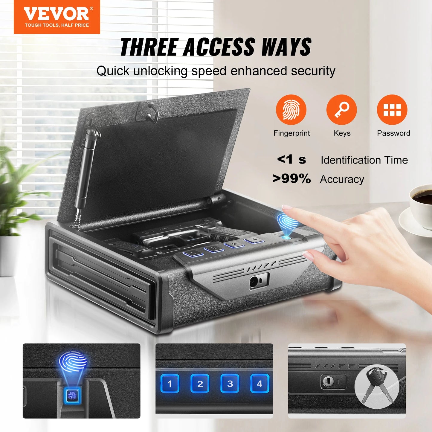 Gun Safe Q235 Steel Pistol Safe 3-Way Quick Access Firearm Case Gun Box for Home Bedside Nightstand Car
