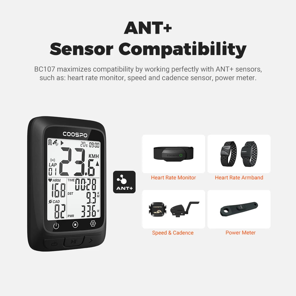 Bike Computer GPS Wireless Bicycle Cycling Odometer Speedometer 2.4"FSTN Bluetooth5.0 ANT+ Waterproof GPS BDS