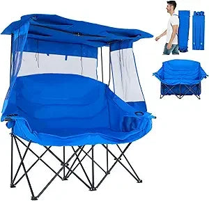 Double Beach Chair with Canopy Shade, Oversized Folding Loveseat with Cup Holder & Side Pocket for Camping, Beach, Lawn, Fishin