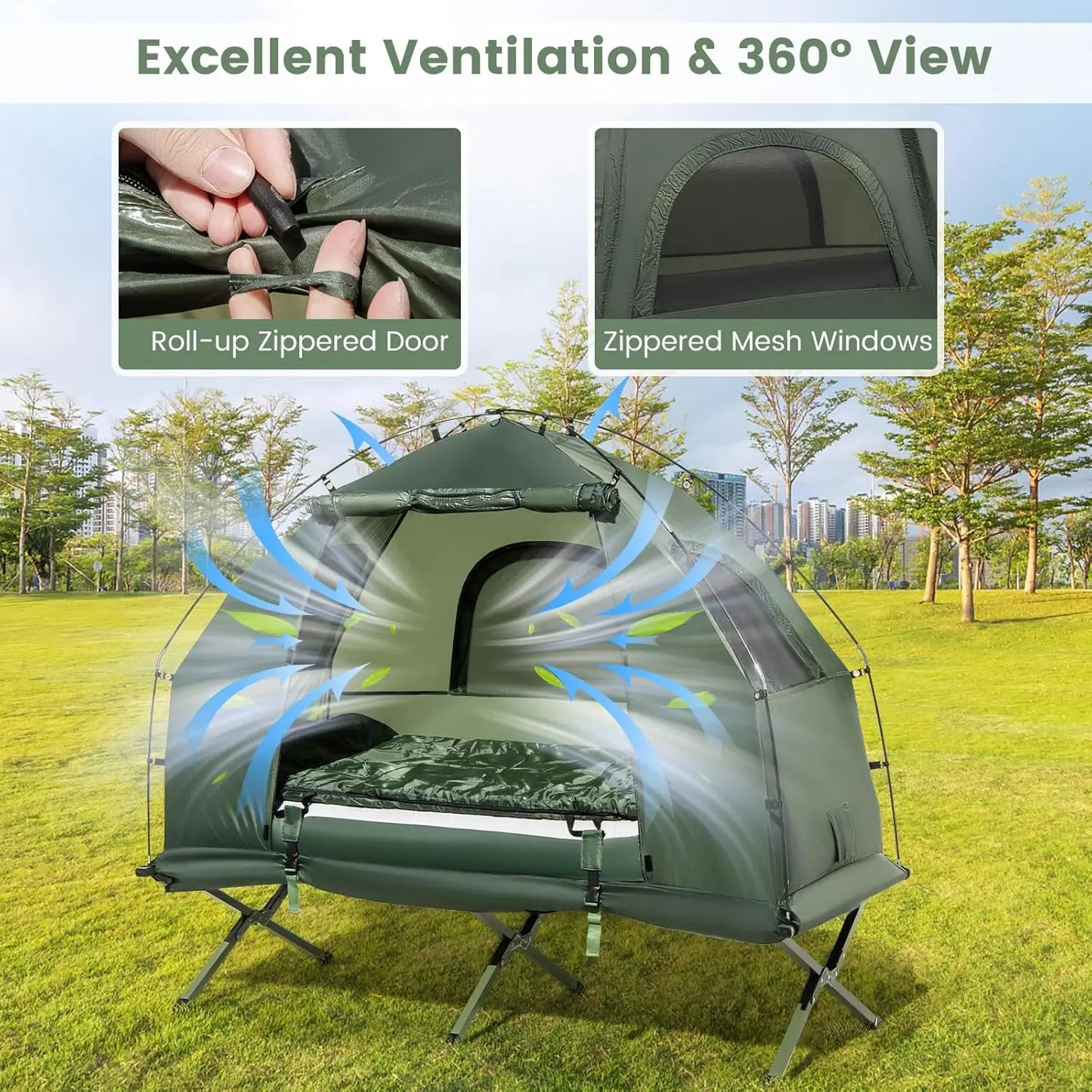 Camping Tent Cot, 5 in 1 Off Ground Elevated Tent with Air Mattress, Sleeping Bag & Pillow