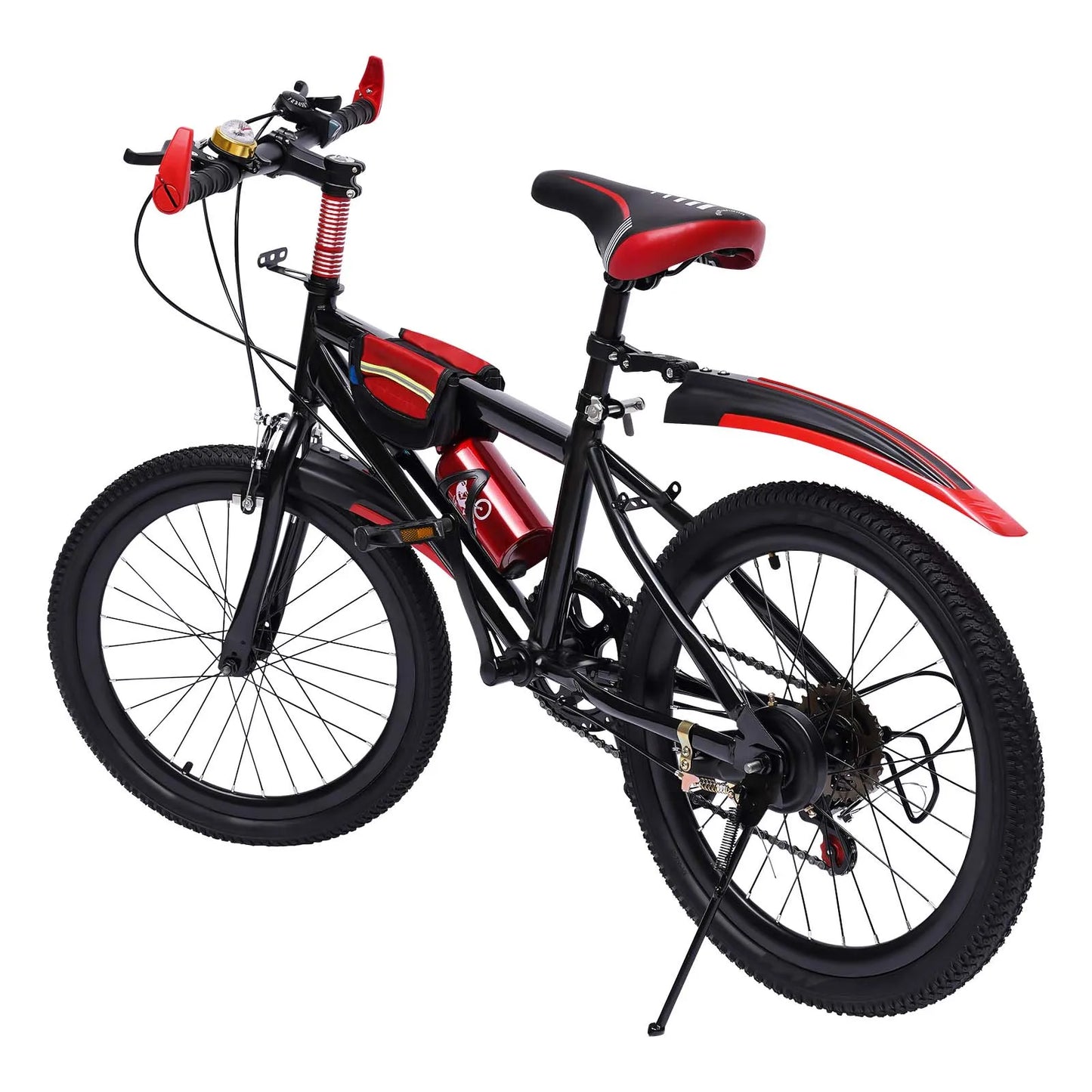 20 Inch Kids Mountain Bike 7 Speed Boys Girls Bicycle Dual Brakes Adjustable Seat 85kg Capacity with Water Bottle Bag for Ages 6-12 Red/Green