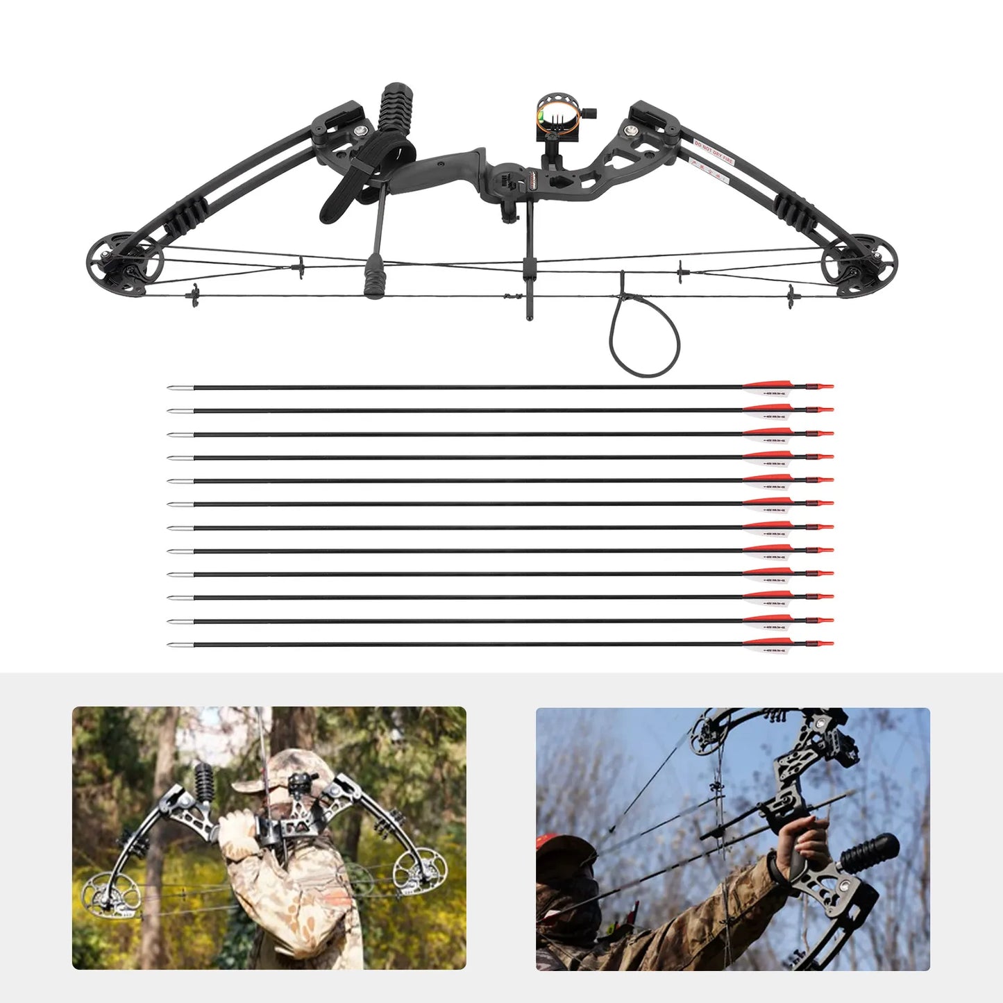 Archery Compound Bow Arrow Set with 12Arrows Black Battleship Compound Bow Right Hand Draw Weight and Cams Fully Adjustable