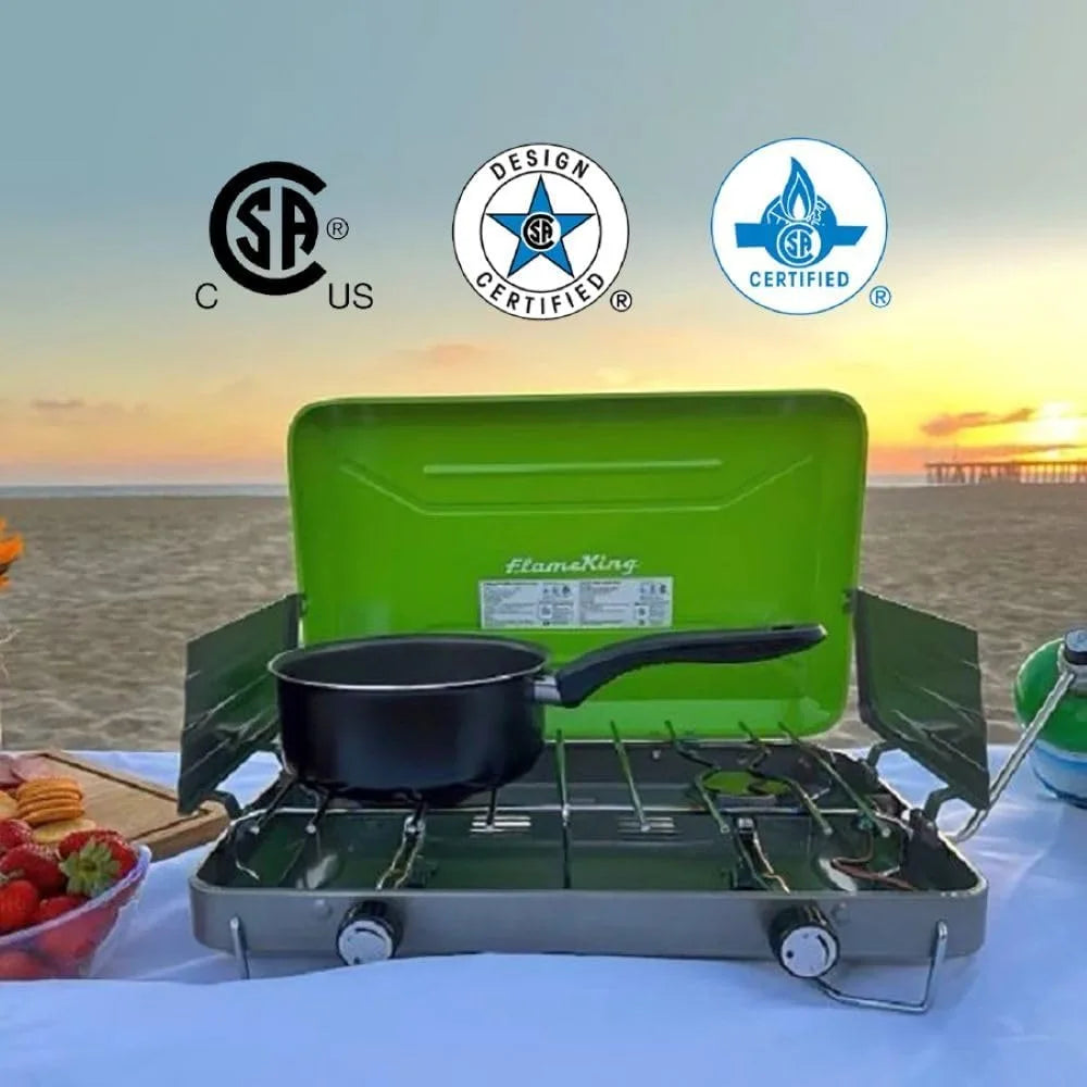 Dual Burner Portable Camping Stove Grill for Outdoor Cooking Backpacking Fits 1LB Propane Bottle